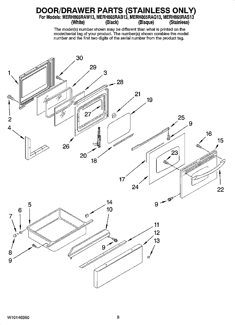 DOOR / DRAWER PARTS (STAINLESS ONLY) Diagram and Parts List for MERH865RAS13  Maytag Range