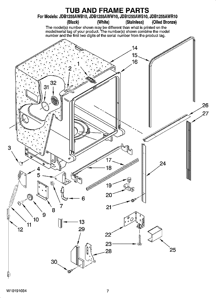 TUB AND FRAME PARTS Diagram and Parts List for JDB1255AWB10  Jenn-Air Dishwasher