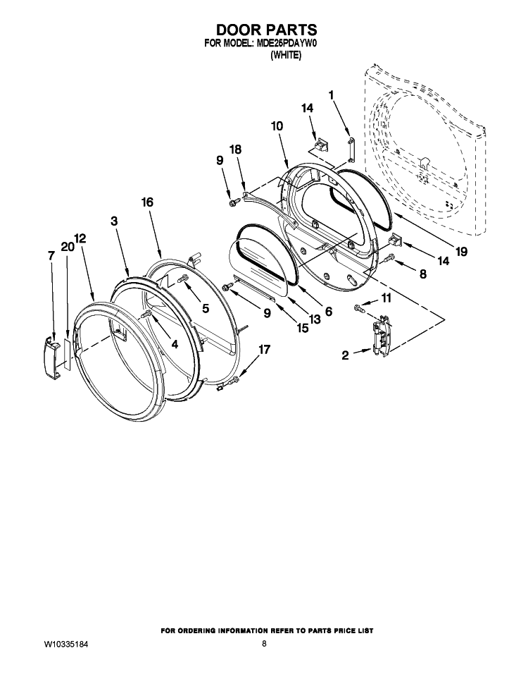 DOOR PARTS Diagram and Parts List for MDE25PDAYW0  Maytag Dryer