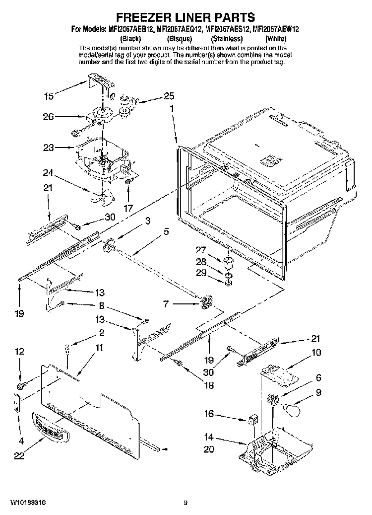 FREEZER LINER PARTS Diagram and Parts List for MFI2067AEQ12  Maytag Refrigerator