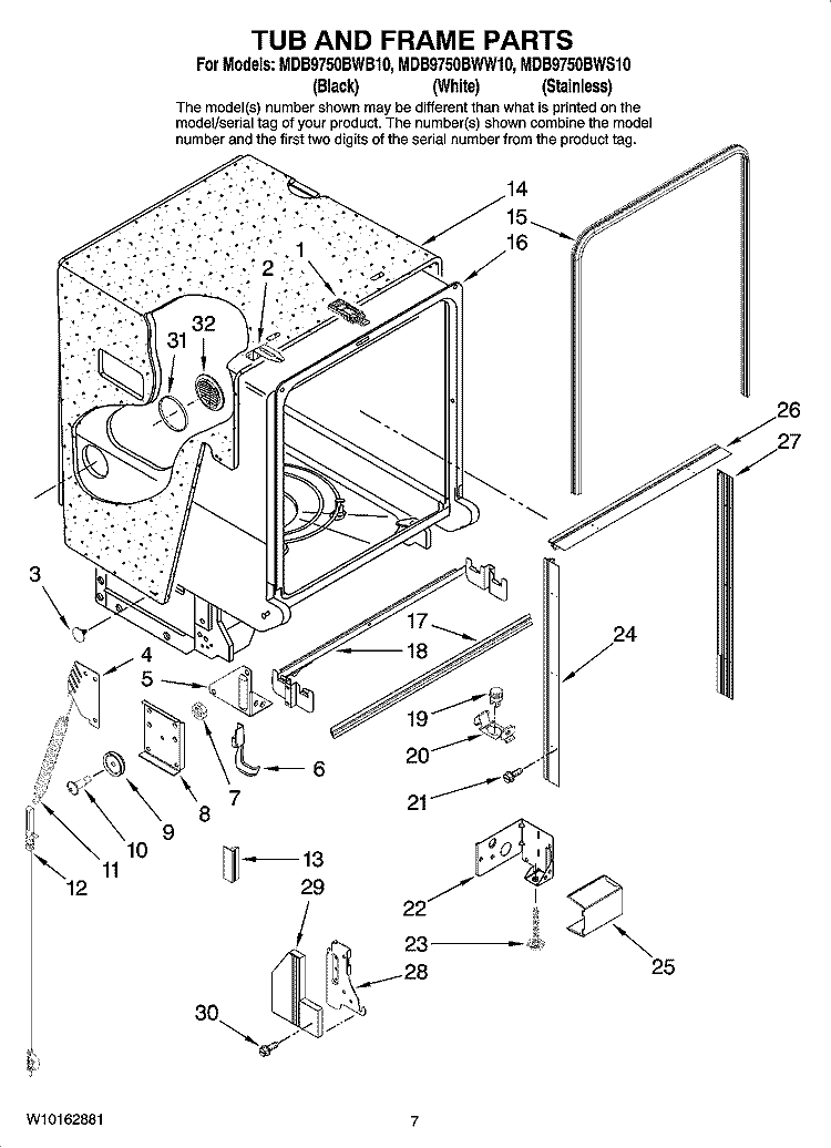 TUB AND FRAME PARTS Diagram and Parts List for MDB9750BWW10  Maytag Dishwasher