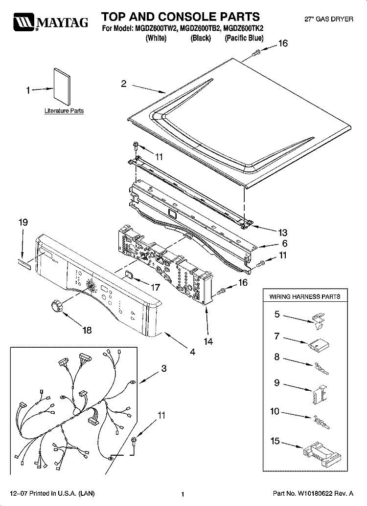 TOP AND CONSOLE PARTS Diagram and Parts List for MGDZ600TK2  Maytag Dryer