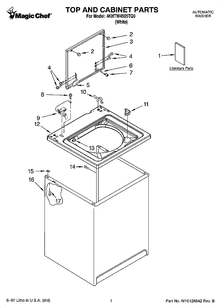 TOP AND CABINET PARTS Diagram and Parts List for 4KHTW4505TQ0  Magic Chef Washer