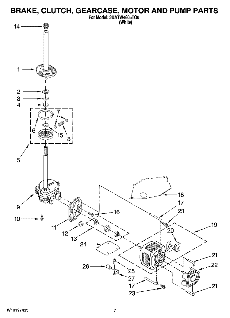 BRAKE, CLUTCH, GEARCASE, MOTOR AND PUMP PARTS Diagram and Parts List for 3UATW4605TQ0  Admiral Washer