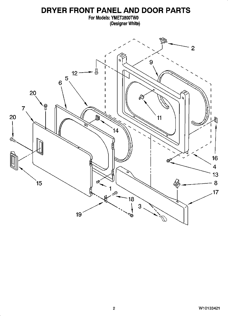 DRYER FRONT PANEL AND DOOR PARTS Diagram and Parts List for YMET3800TW0  Maytag Washer Dryer Combo