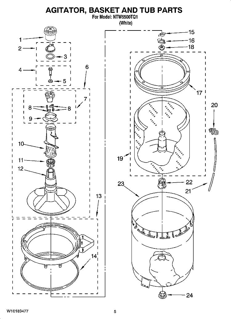 AGITATOR, BASKET AND TUB PARTS Diagram and Parts List for NTW5500TQ1  Amana Washer