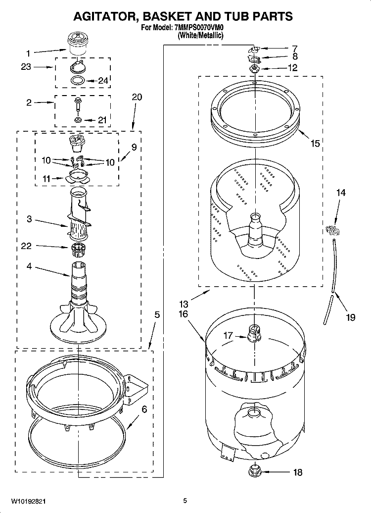 AGITATOR, BASKET AND TUB PARTS Diagram and Parts List for 7MMPS0070VM0  Maytag Washer