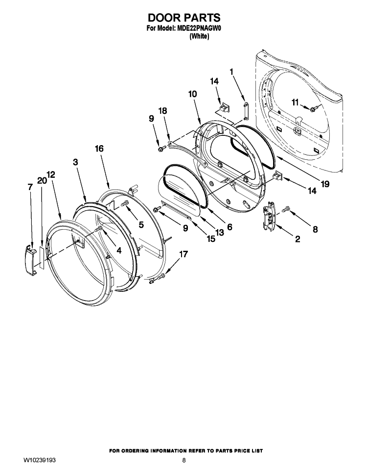DOOR PARTS Diagram and Parts List for MDE22PNAGW0  Maytag Dryer