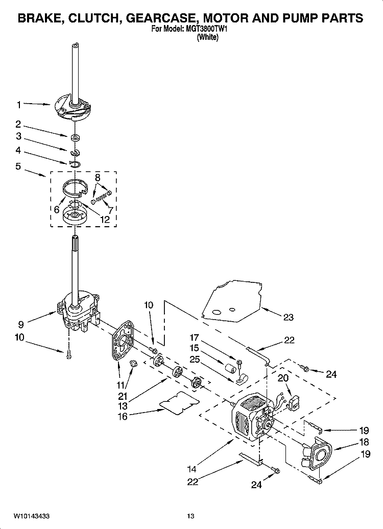 BRAKE, CLUTCH, GEARCASE, MOTOR AND PUMP PARTS Diagram and Parts List for MGT3800TW1  Maytag Washer Dryer Combo
