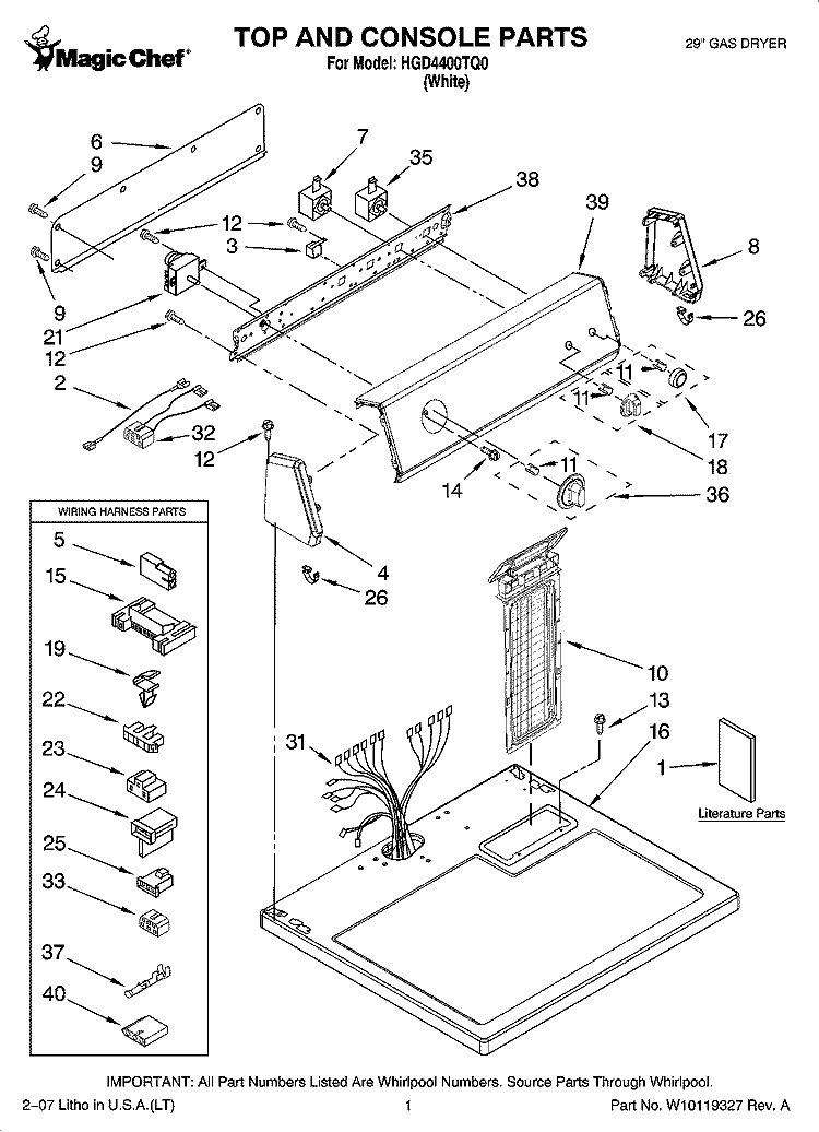 TOP AND CONSOLE PARTS Diagram and Parts List for HGD4400TQ0  Magic Chef Dryer