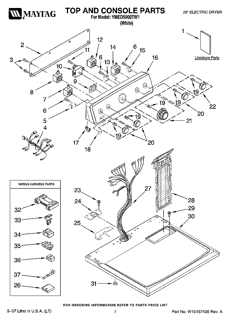 TOP AND CONSOLE PARTS Diagram and Parts List for YMED5900TW1  Maytag Dryer