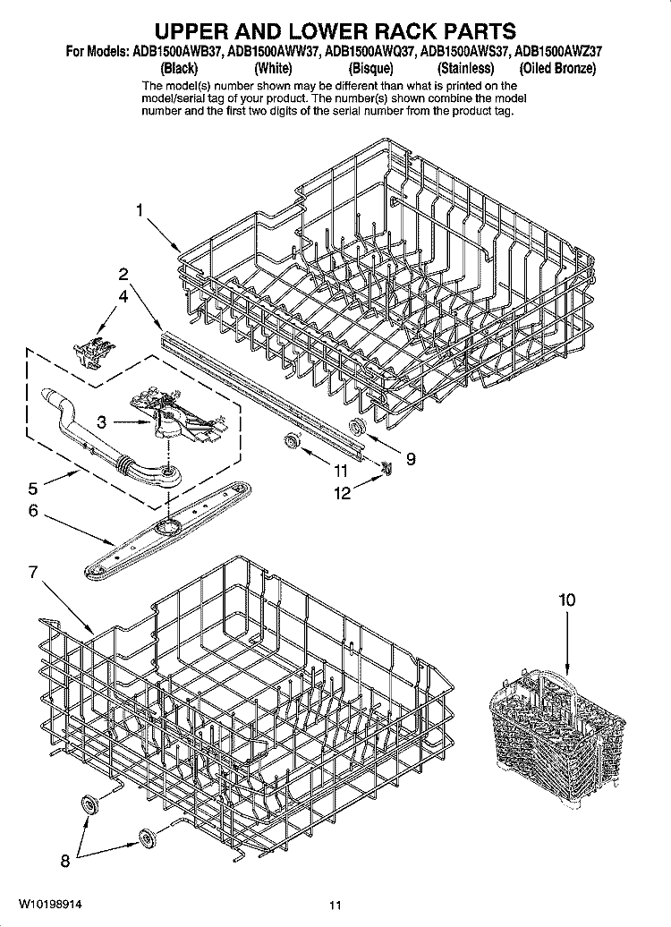 UPPER AND LOWER RACK PARTS Diagram and Parts List for ADB1500AWW37  Amana Dishwasher