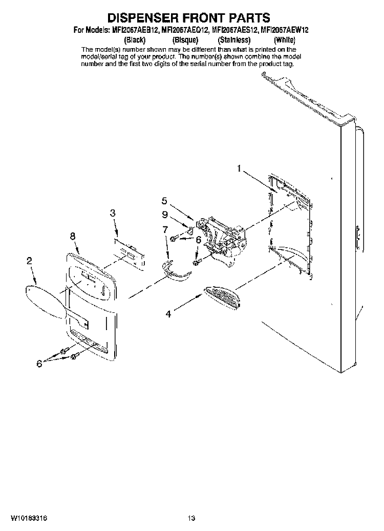 DISPENSER FRONT PARTS Diagram and Parts List for MFI2067AEQ12  Maytag Refrigerator