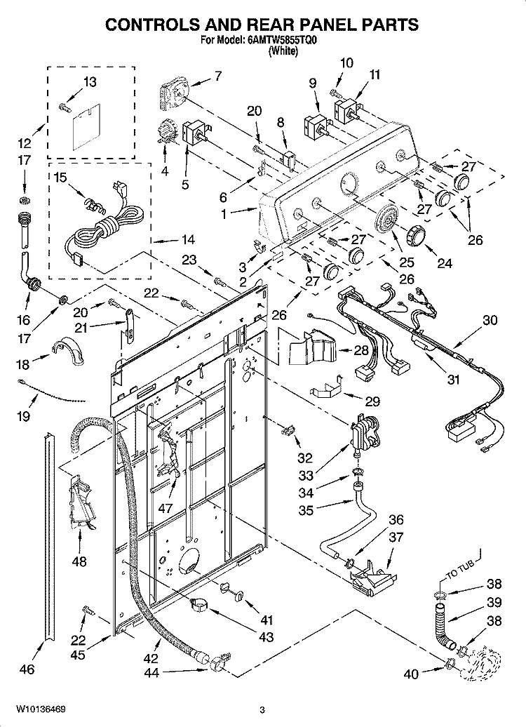 CONTROLS AND REAR PANEL PARTS Diagram and Parts List for 6AMTW5855TQ0  Maytag Washer