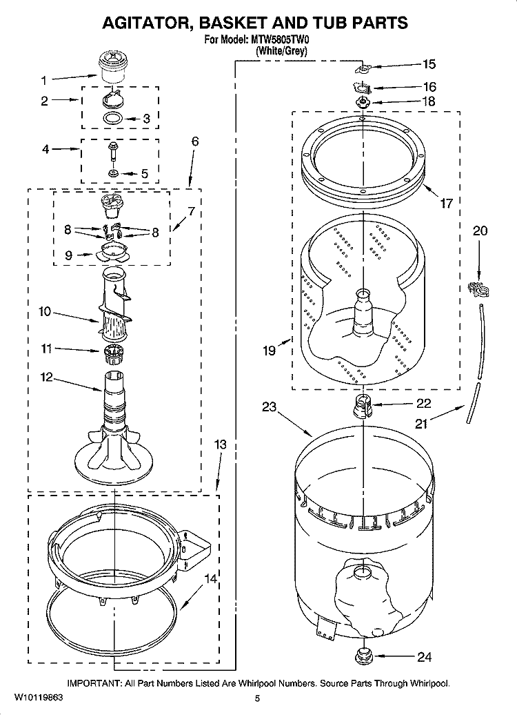 AGITATOR, BASKET AND TUB PARTS Diagram and Parts List for MTW5805TW0  Maytag Washer