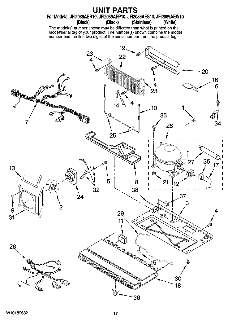 UNIT PARTS, OPTIONAL PARTS (NOT INCLUDED) Diagram and Parts List for JFI2089AEP10  Jenn-Air Refrigerator
