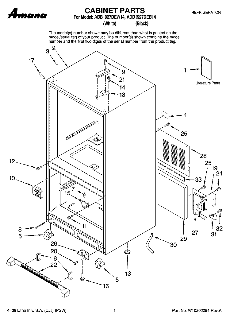 CABINET PARTS Diagram and Parts List for ABB1927DEW14  Amana Refrigerator