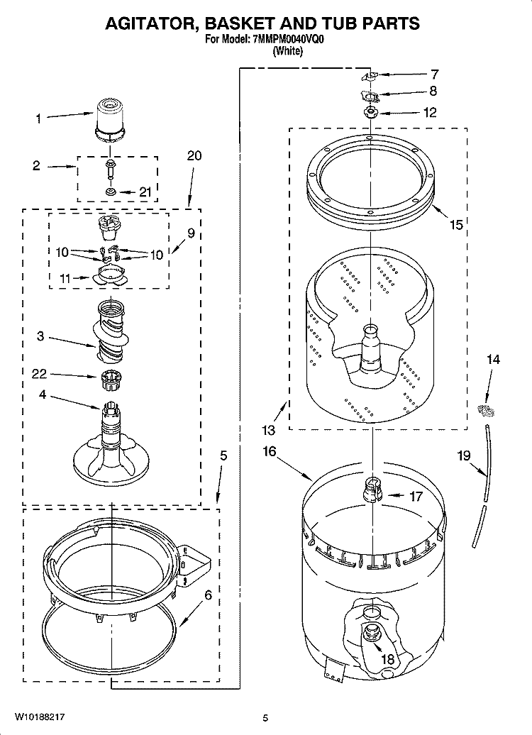 AGITATOR, BASKET AND TUB PARTS Diagram and Parts List for 7MMPM0040VQ0  Maytag Washer
