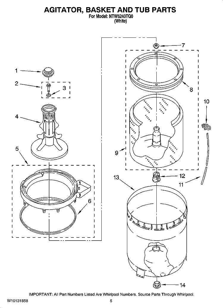 AGITATOR, BASKET AND TUB PARTS Diagram and Parts List for NTW5240TQ0  Amana Washer