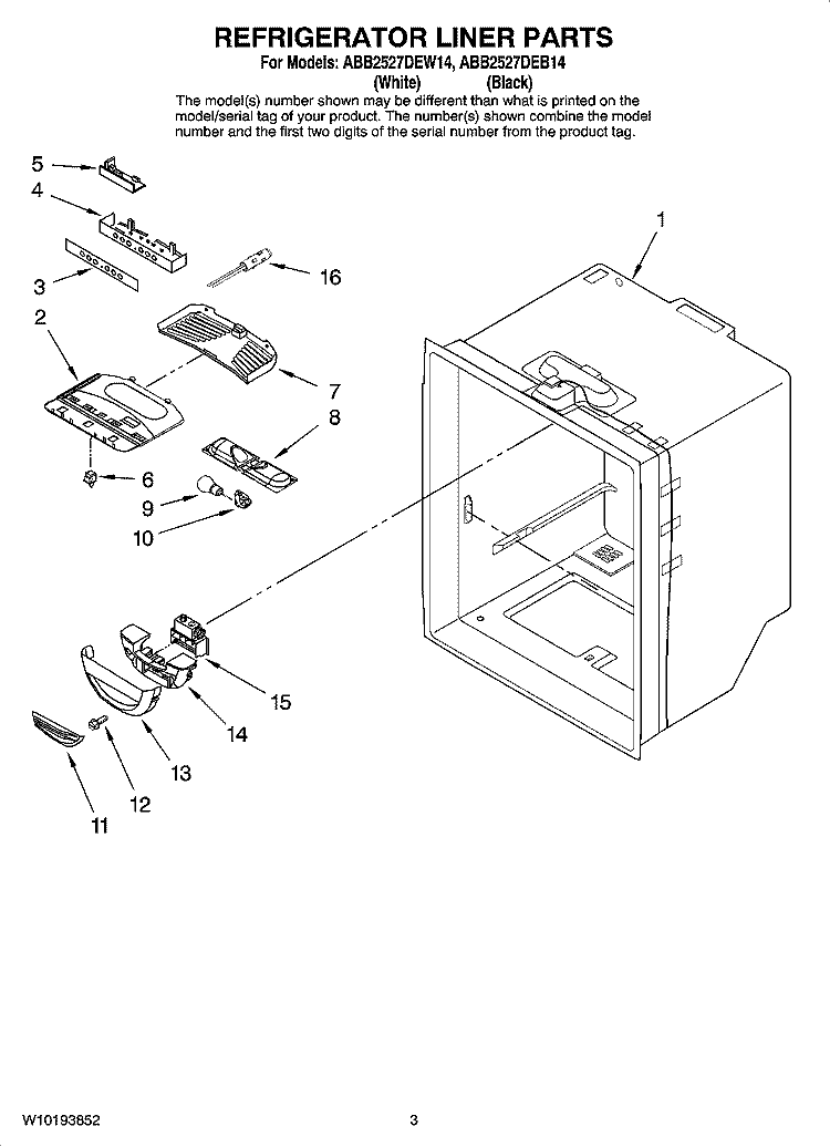 REFRIGERATOR LINER PARTS Diagram and Parts List for ABB2527DEW14  Amana Refrigerator