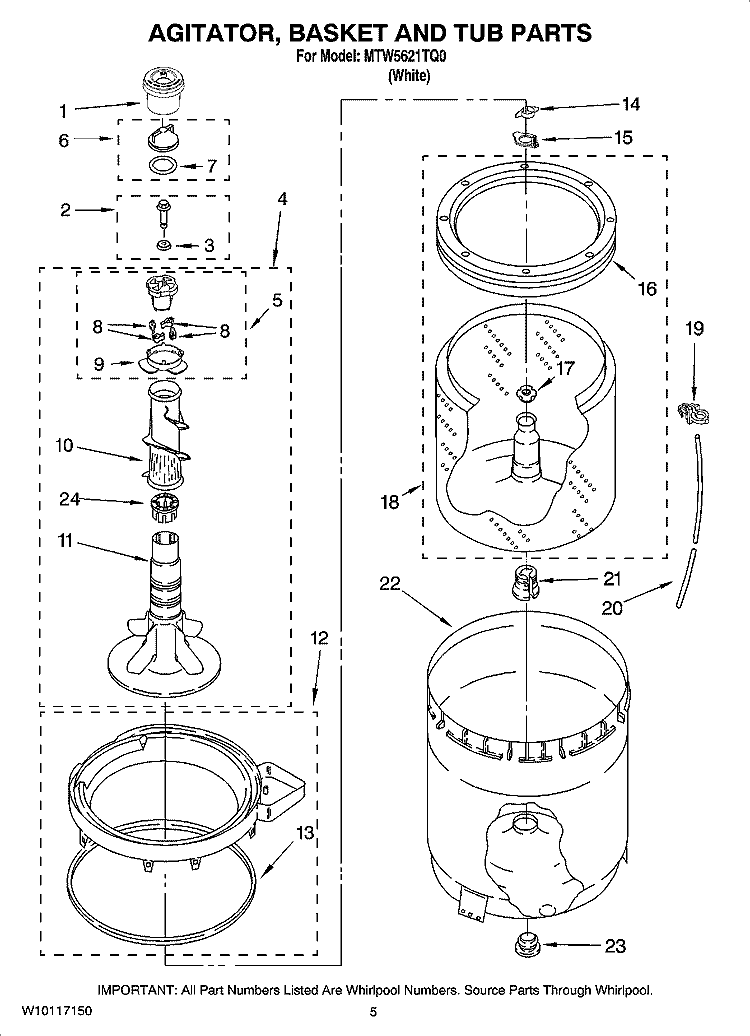 AGITATOR, BASKET AND TUB PARTS Diagram and Parts List for MTW5621TQ0  Maytag Washer