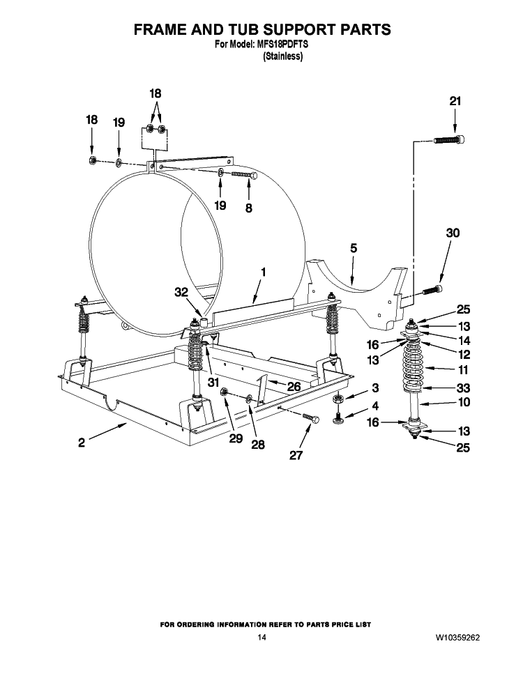 FRAME AND TUB SUPPORT PARTS Diagram and Parts List for MFS18PDFTS  Maytag Washer