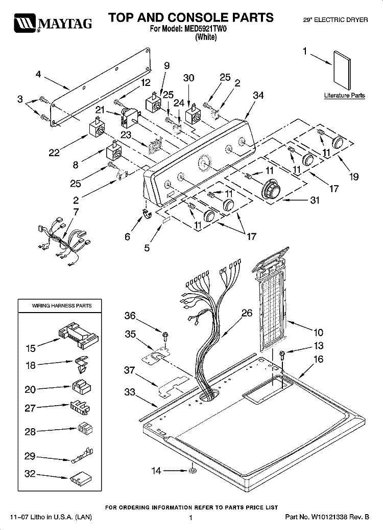 TOP AND CONSOLE PARTS Diagram and Parts List for MED5921TW0  Maytag Dryer