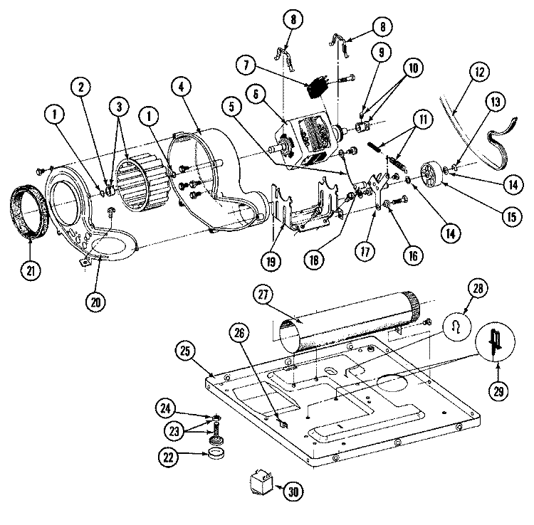 MOTOR, BLOWER & BASE FRAME Diagram and Parts List for MDE27CSACW  Maytag Dryer