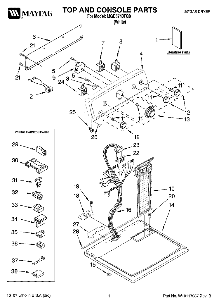 TOP AND CONSOLE PARTS Diagram and Parts List for MGD5740TQ0  Maytag Dryer
