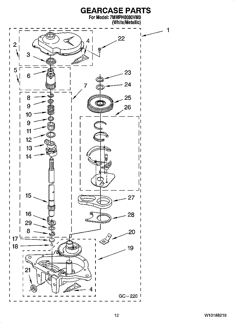 GEARCASE PARTS, OPTIONAL PARTS (NOT INCLUDED) Diagram and Parts List for 7MMPH0080VM0  Maytag Washer