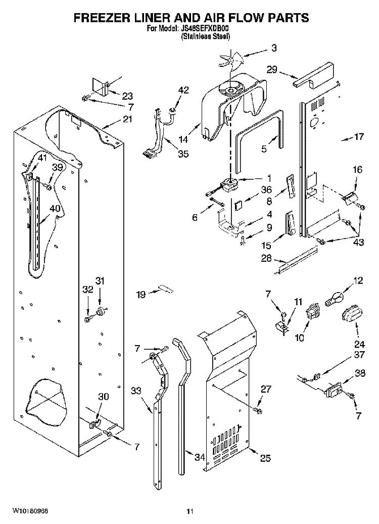 FREEZER LINER AND AIR FLOW PARTS Diagram and Parts List for JS48SEFXDB00  Jenn-Air Refrigerator
