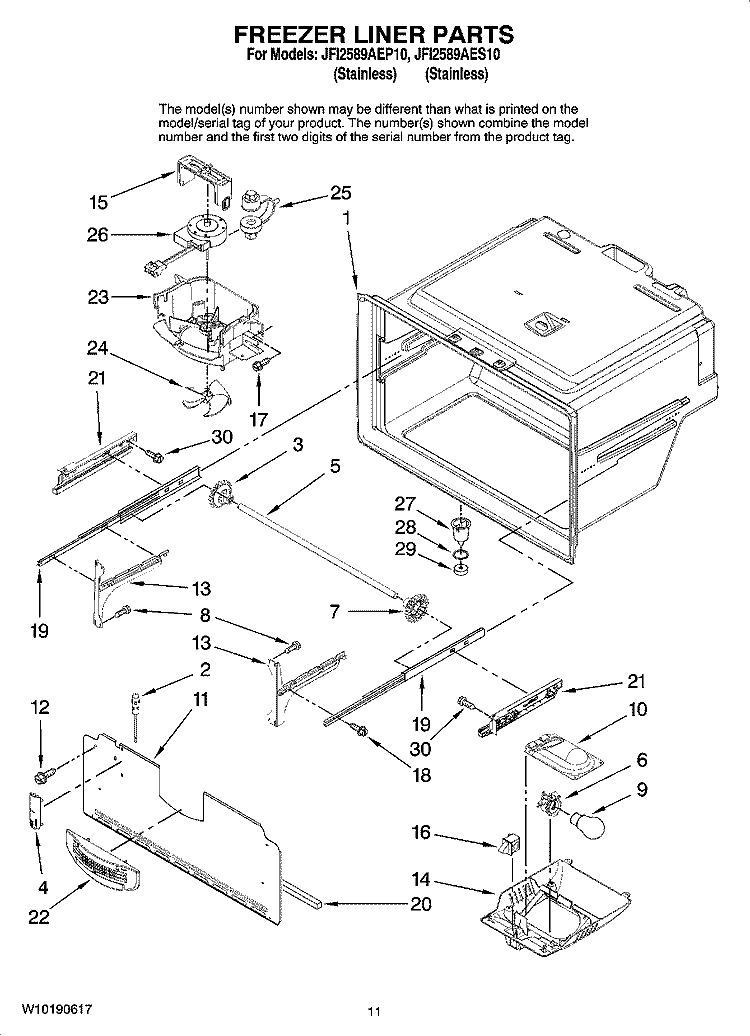 FREEZER LINER PARTS Diagram and Parts List for JFI2589AEP10  Jenn-Air Refrigerator