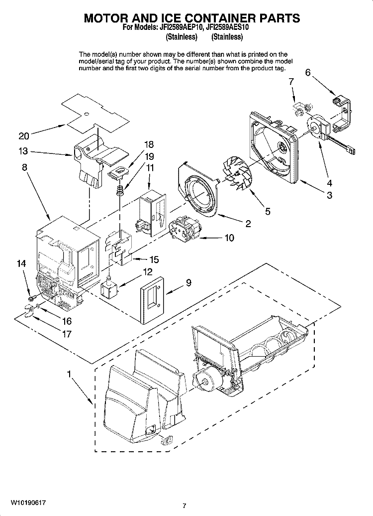 MOTOR AND ICE CONTAINER PARTS Diagram and Parts List for JFI2589AEP10  Jenn-Air Refrigerator