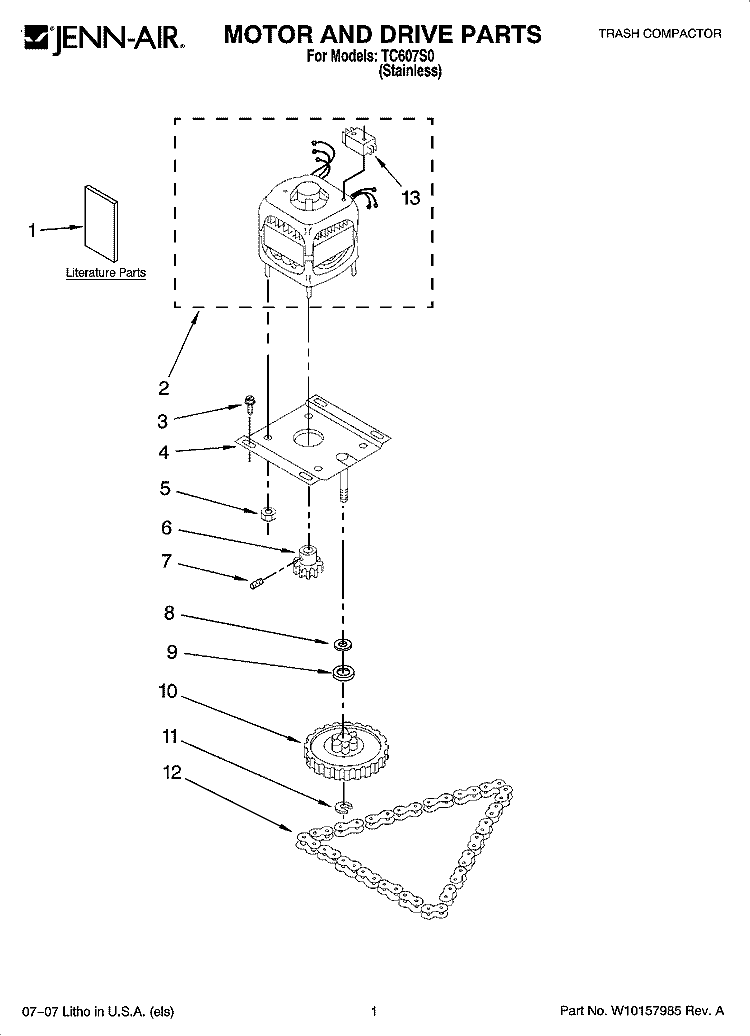 MOTOR AND DRIVE PARTS Diagram and Parts List for TC607S0  Jenn-Air Trash Compactor