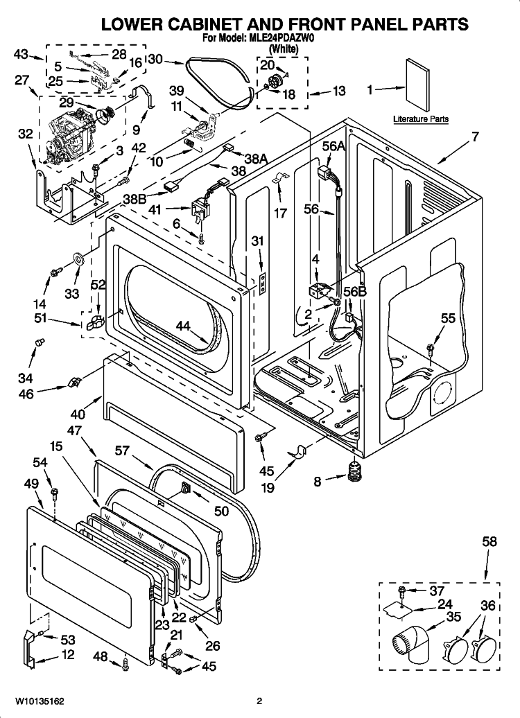 LOWER CABINET AND FRONT PANEL PARTS Diagram and Parts List for MLE24PDAZW0  Maytag Dryer