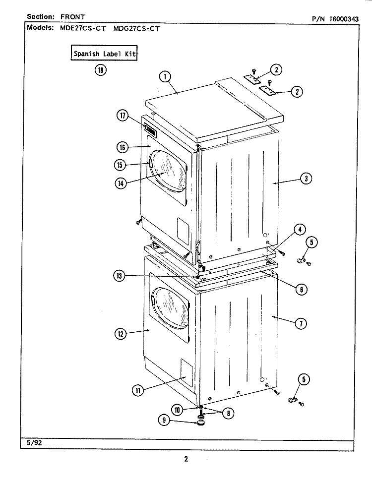 FRONT Diagram and Parts List for MDE27CSACW  Maytag Dryer