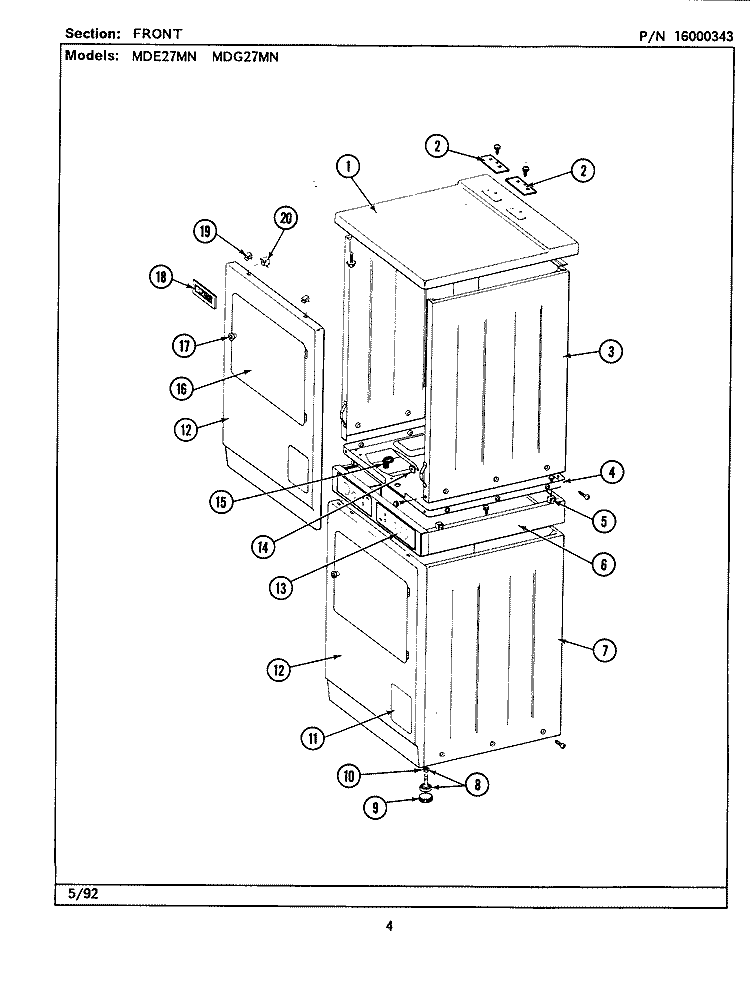 FRONT Diagram and Parts List for MDE27MNAFW  Maytag Dryer
