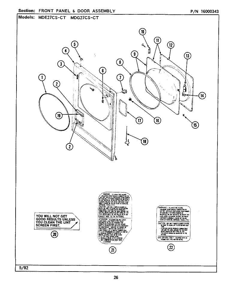 FRONT PANEL & DOOR ASSEMBLY Diagram and Parts List for MDE27CSACW  Maytag Dryer