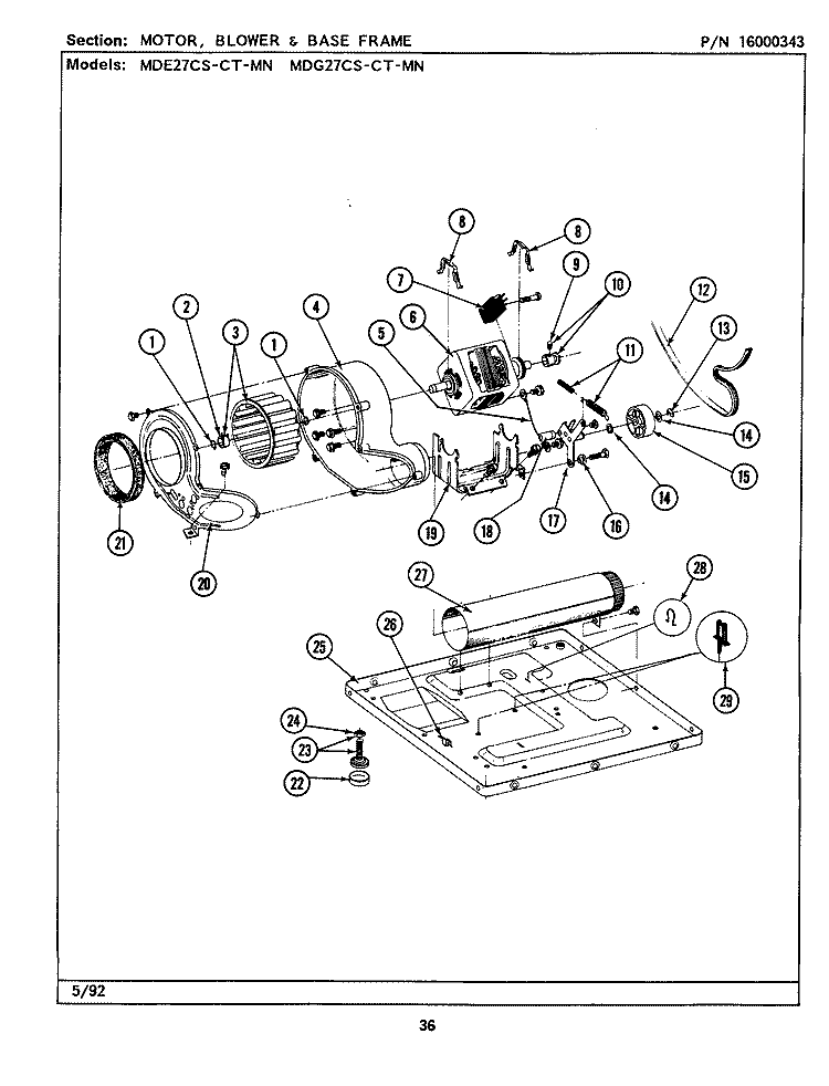 MOTOR, BLOWER & BASE FRAME Diagram and Parts List for MDE27MNAFW  Maytag Dryer