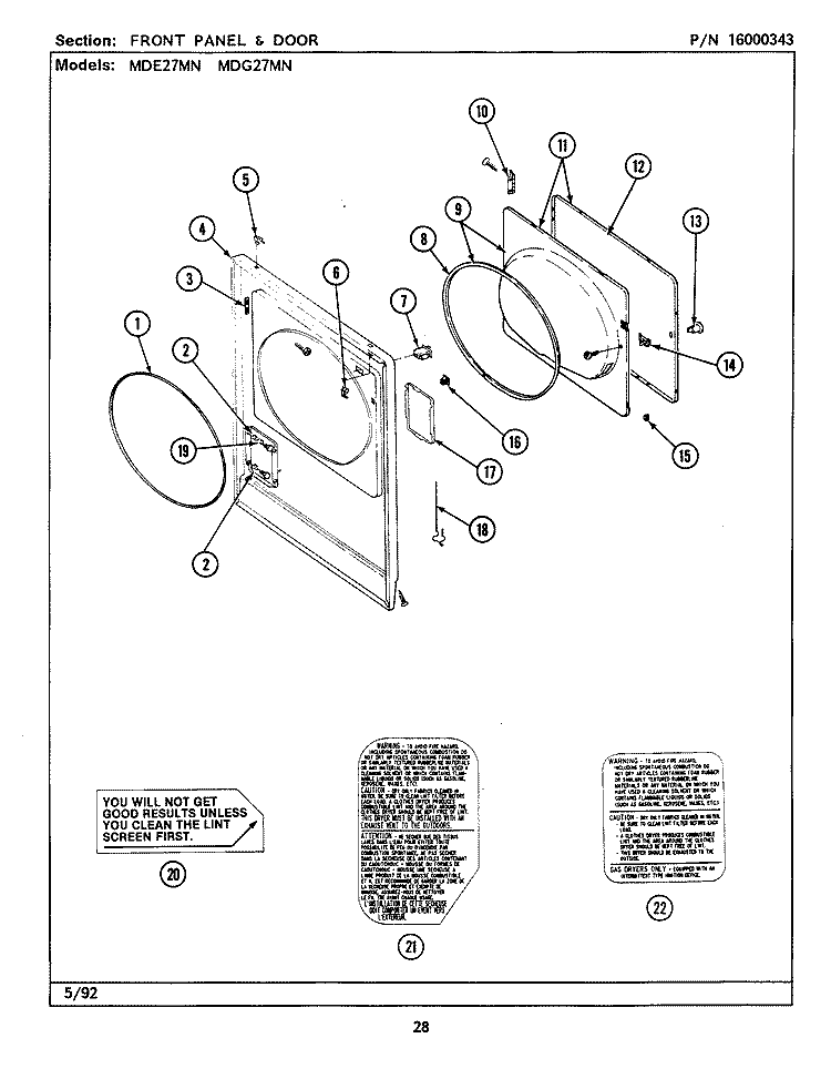 FRONT PANEL & DOOR Diagram and Parts List for MDE27MNAFW  Maytag Dryer