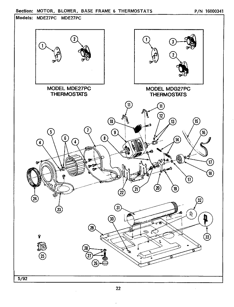 MOTOR, BLOWER, BASE FRAME & THERMOSTATS Diagram and Parts List for MDE27PCAEL  Maytag Dryer