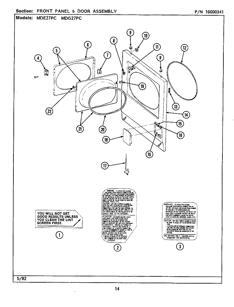 FRONT PANEL & DOOR ASSEMBLY Diagram and Parts List for MDE27PCAEL  Maytag Dryer