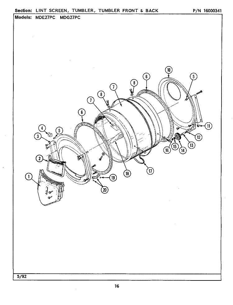 LINT SCREEN, TUMBLER (FRONT & BACK) Diagram and Parts List for MDE27PCAEL  Maytag Dryer