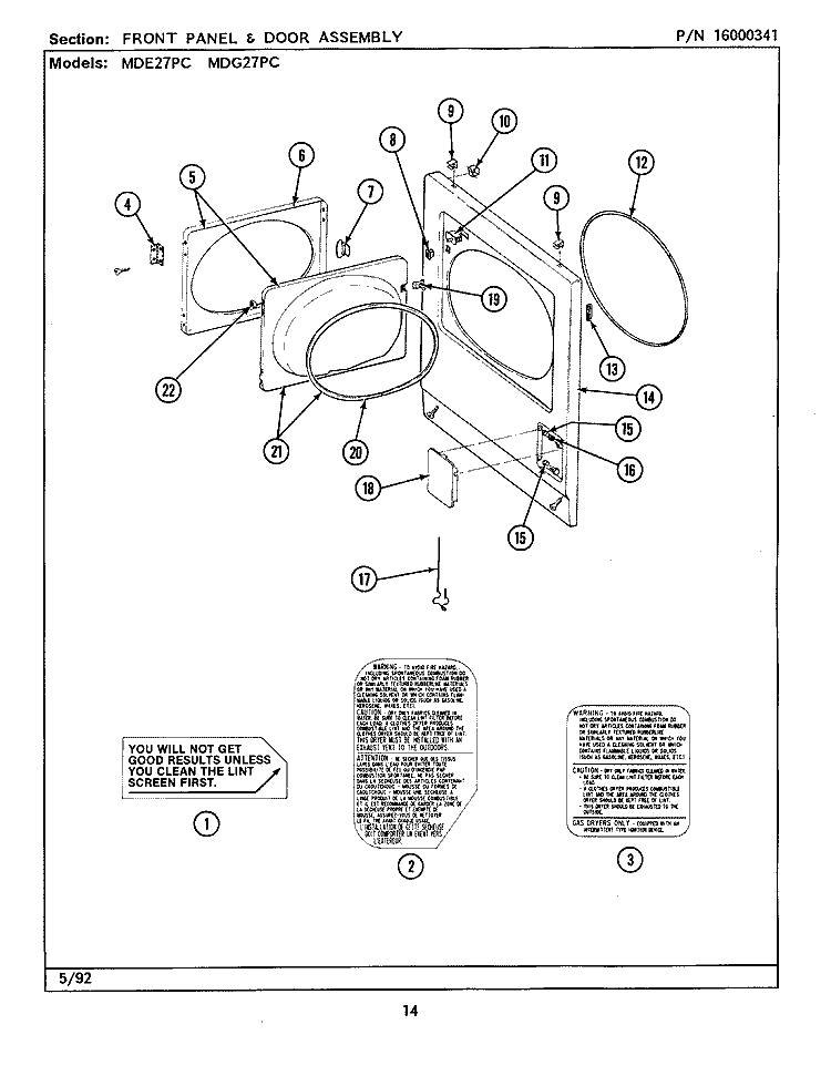 FRONT PANEL & DOOR ASSEMBLY Diagram and Parts List for MDE27PCACW  Maytag Dryer