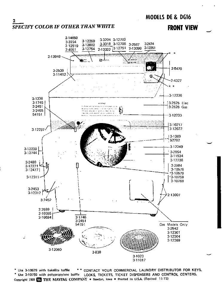 FRONT VIEW Diagram and Parts List for DG16CT  Maytag Dryer