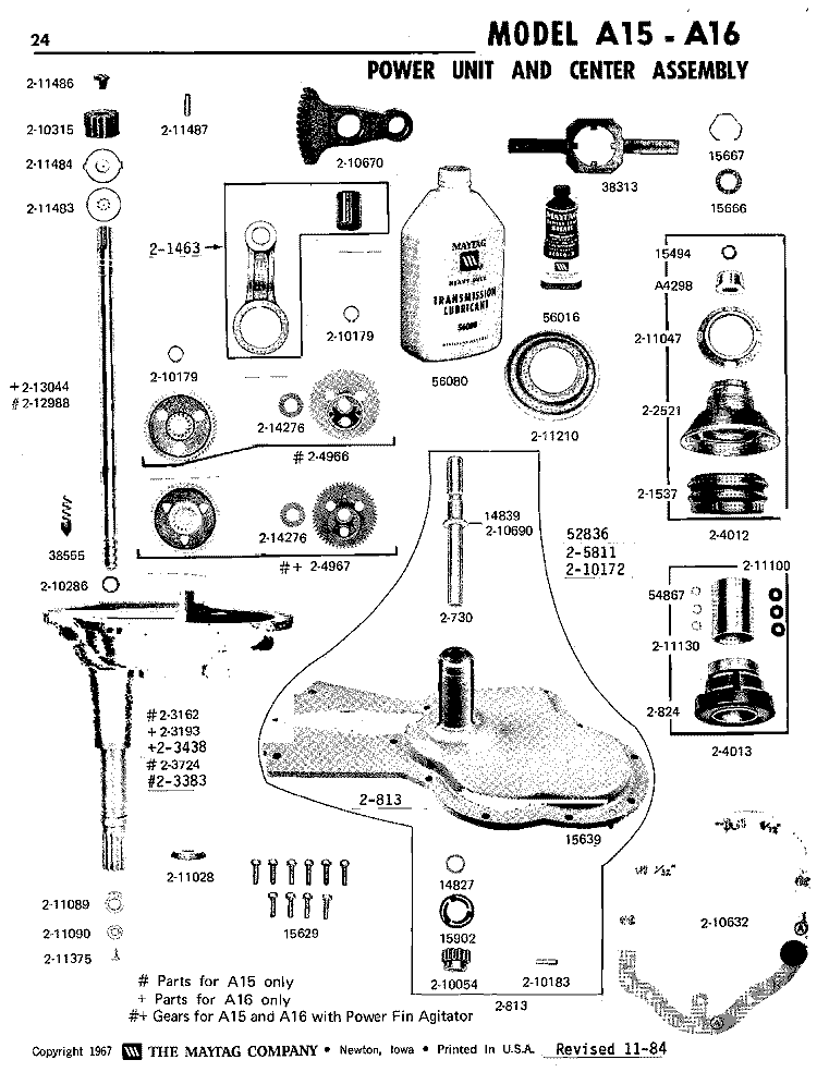 POWER UNIT & CENTER ASSEMBLY Diagram and Parts List for A16CA  Maytag Washer