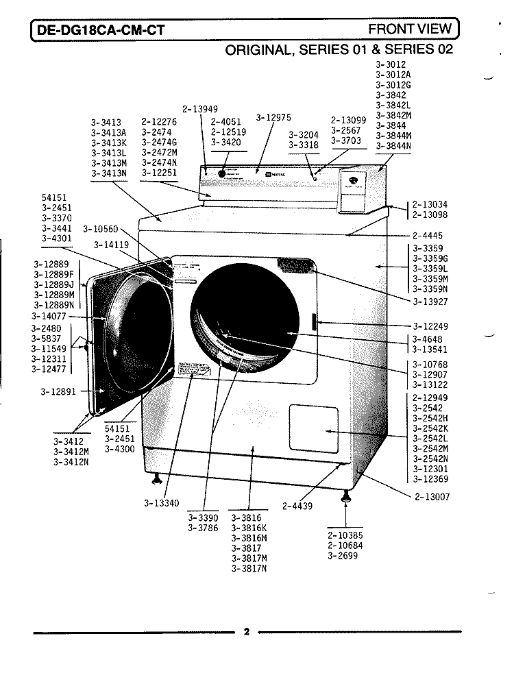 FRONT VIEW Diagram and Parts List for DE18CM  Maytag Dryer