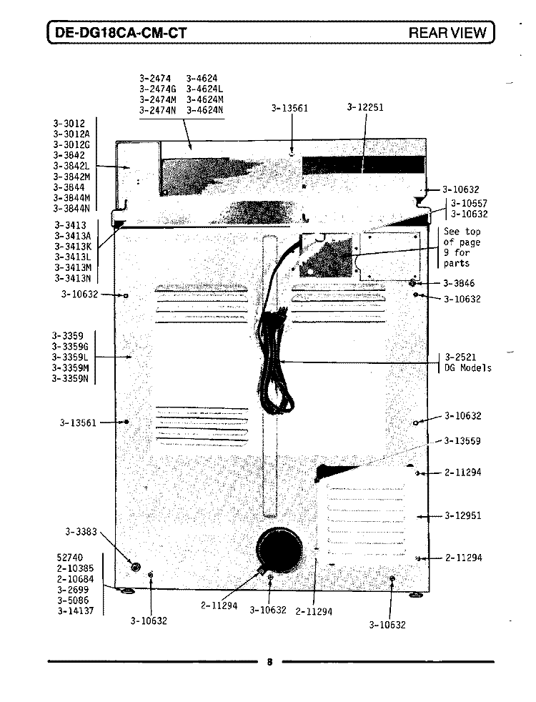 REAR VIEW Diagram and Parts List for DE18CA  Maytag Dryer