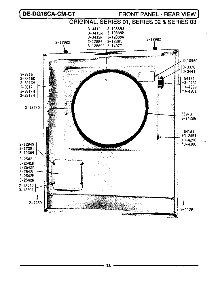 FRONT PANEL - REAR VIEW Diagram and Parts List for DE18CM  Maytag Dryer