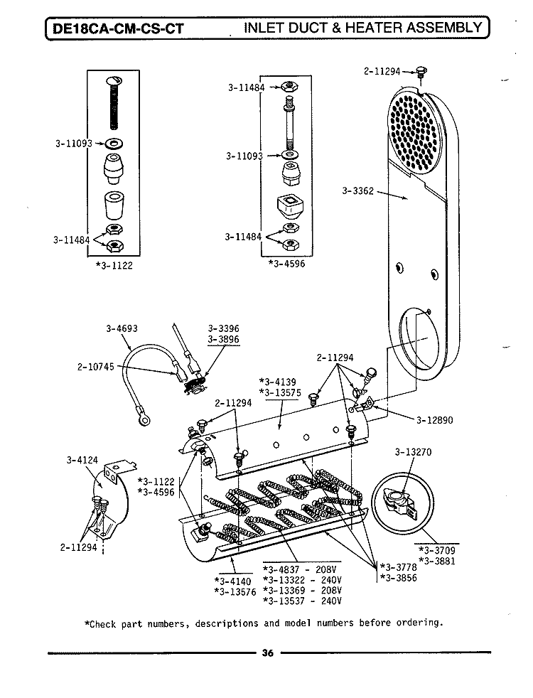 INLET DUCT & HEATER ASSEMBLY Diagram and Parts List for DE18CM  Maytag Dryer